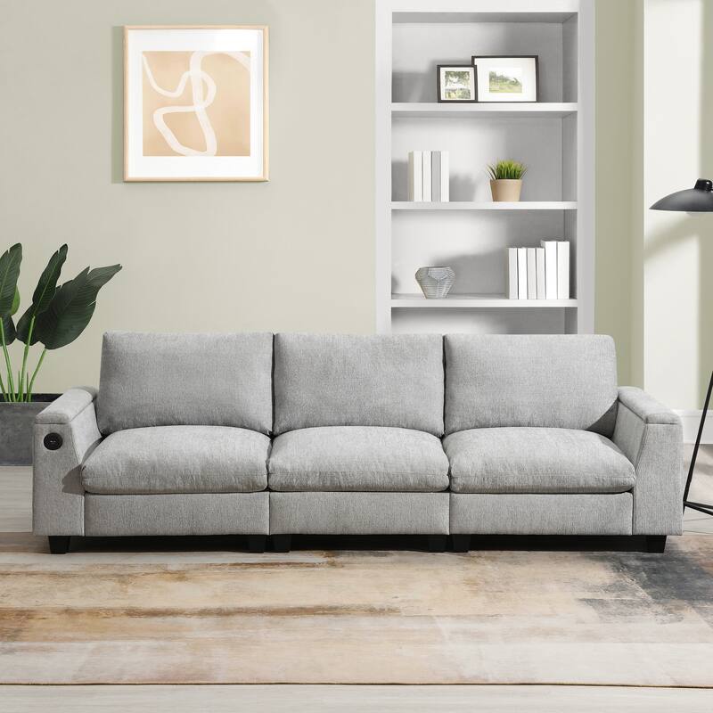 Chenille Cloud Sofa with Cup Holders, USB Port & Bluetooth Speaker, Convertible Loveseat with Drop Down Table & Storage Armrest