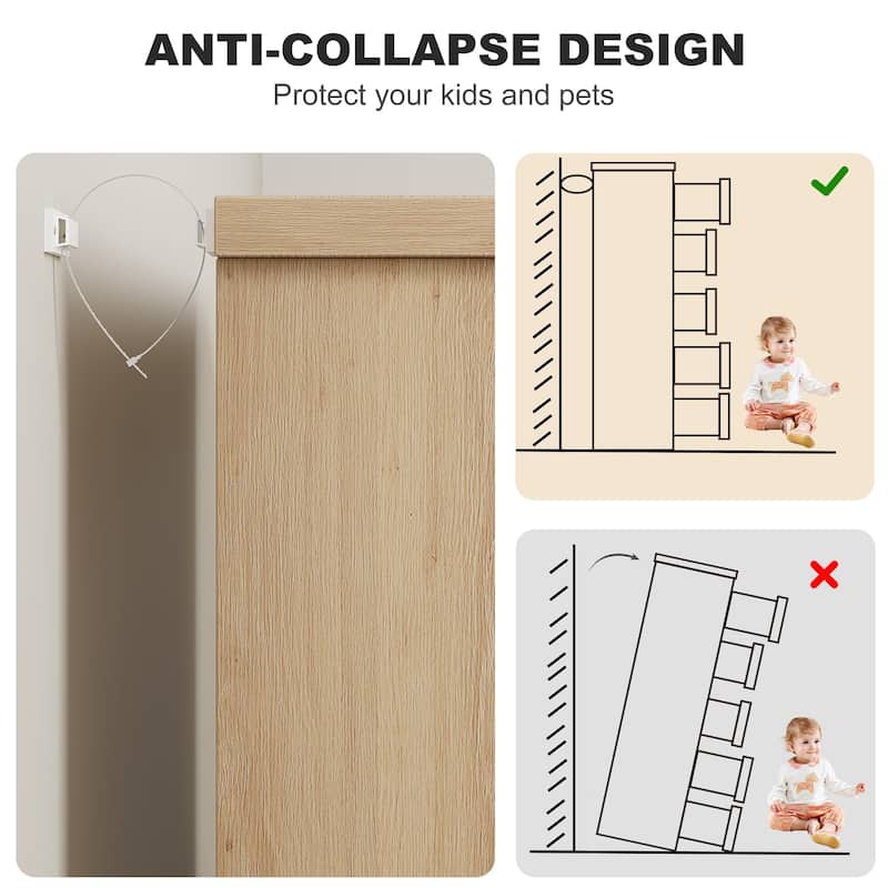5 Drawer Dresser for Bedroom, Natural Chest of Drawers with Embedded Handles, Wooden Dresser Organizer