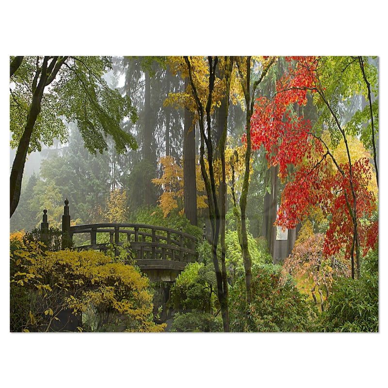 Designart 'Japanese Wooden Bridge in Fall' Photo Metal Wall Art - 40 in. wide x 30 in. high - 1 panel