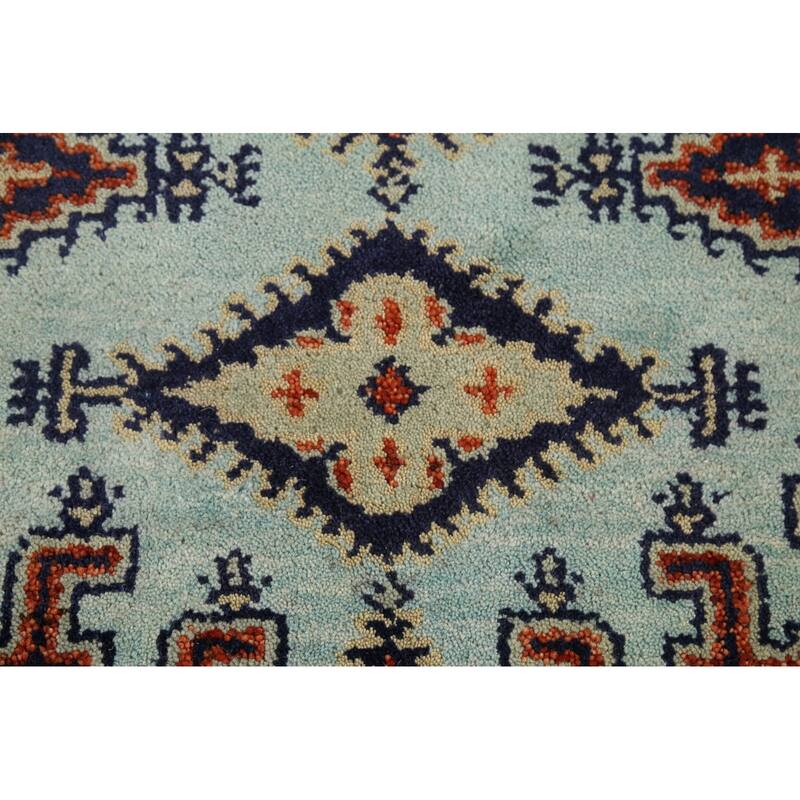 Turquoise Geometric Viss Indian Accent Rug Hand-Knotted Wool Carpet - 3'0"x 5'0"