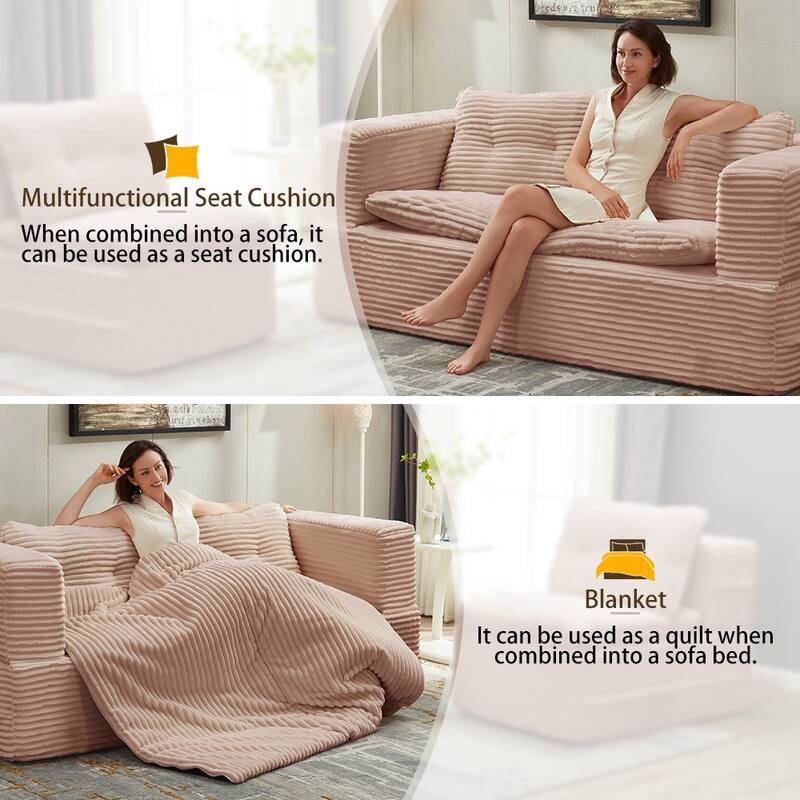Convertible Floor Sofa Bed with Chaise Lounge, Corduroy 3-in-1 Sofa, Sofa to Bed with Dual-Purpose Blanket, No Assembly Required
