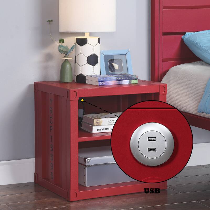 Industrial Design Nightstand, Bedside Decorative Table with USB Port, Sofa Side Table with 2 Open Compartments