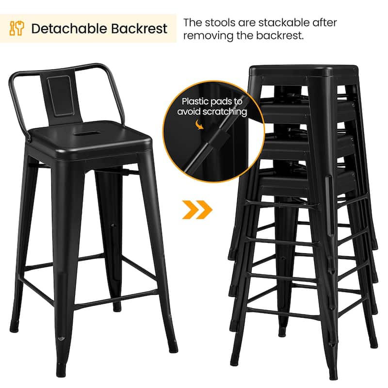 26" Metal Bar Stools Set of 4 Counter Height Barstools with Low Back Indoor Outdoor Kitchen Stools Modern Industrial Bar Chairs