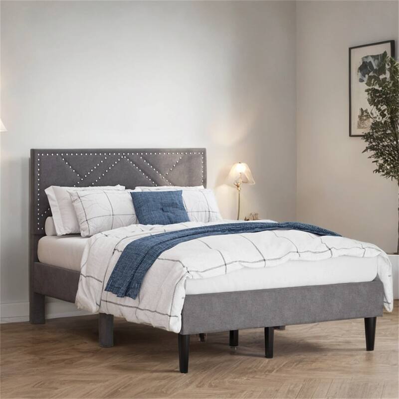 Full/Queen Linen Bed Frame with Storage Headboard,No Noise