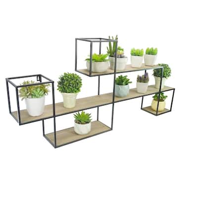 Admired By Nature White Oak Wood Offset Wall-Mounted Metal Hanging Storage Floating Shelves, Black,