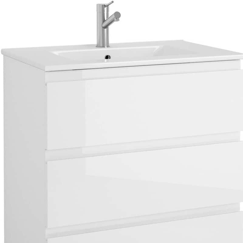 HomeRoots 28" White Wood Freestanding Bathroom Vanity With White Sink And Three Drawers - 28.00 in. x 33.12 in. x 17.88 in.