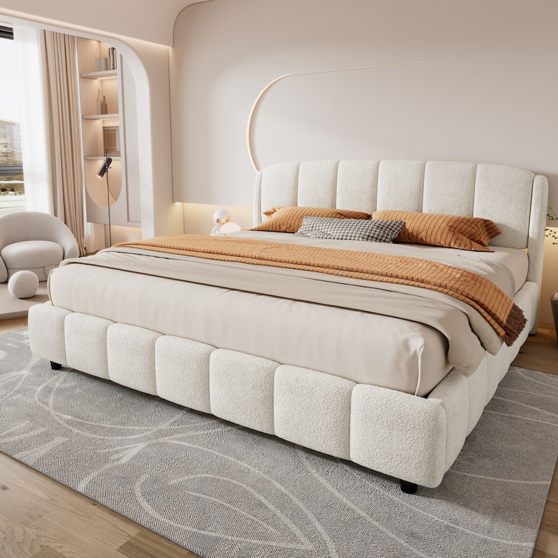 Boucle Fabric Upholstered Bed Frame with Curveshaped Thick Headboard, Soft Fluffy Wingback Bed, Beige Low Profile Platform Bed - Beige - King