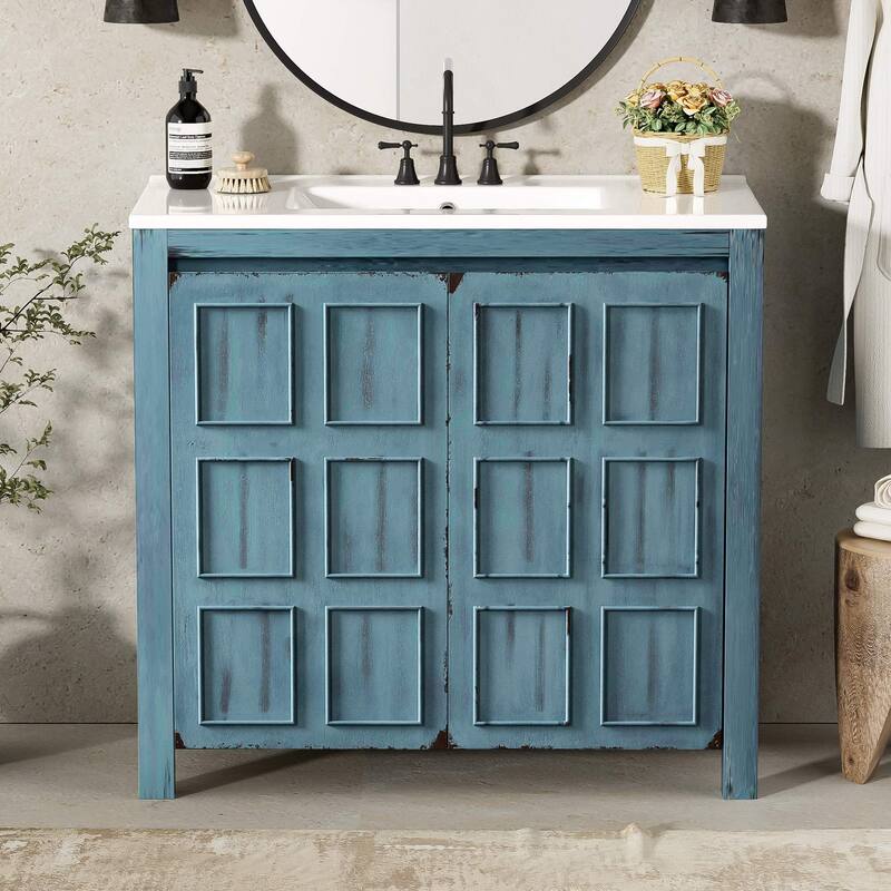 36 " Bathroom Vanity Organizer with Ceramic Sink -  Retro Blue