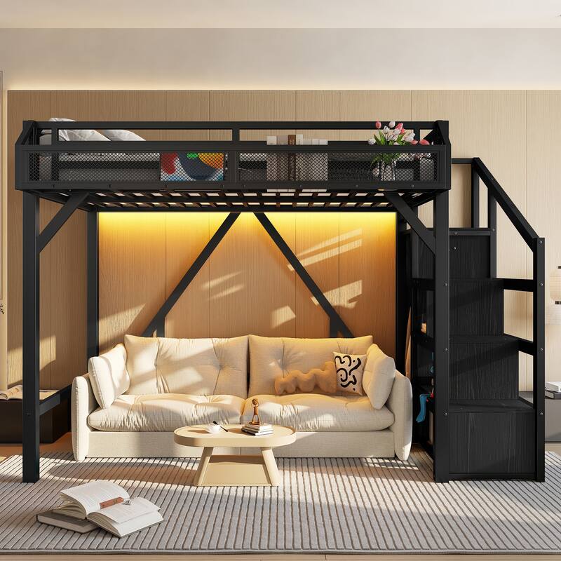 Roomfitters Metal Loft Bed with Wardrobe and Storage Stairs, LED Lights and USB