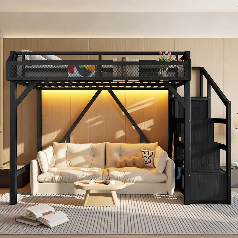 Twin XL/Twin Metal Loft Bed with Storage Stairs, Wardrobe, USB Ports & LED Lights