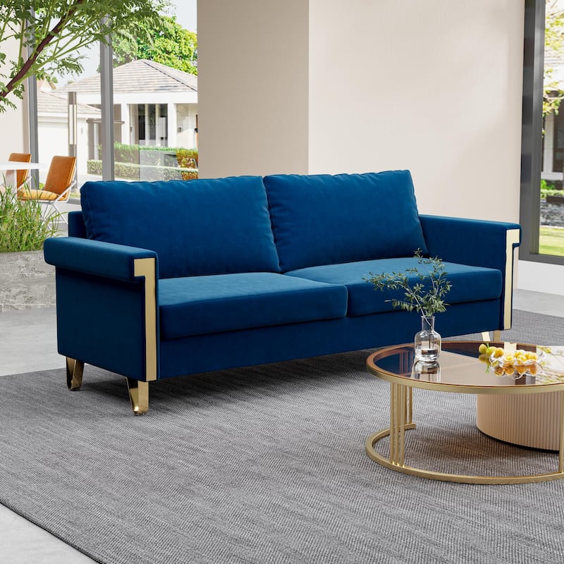 Stylish 76.34" Velvet Sofa with Gold Metal Accents - Mid-Century Modern 2-Seat Couch for Small Living Spaces.
