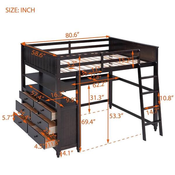 dimension image slide 2 of 3, Wooden Full Size Loft Bed with Drawers and Desk, Platform Bed with Shelves