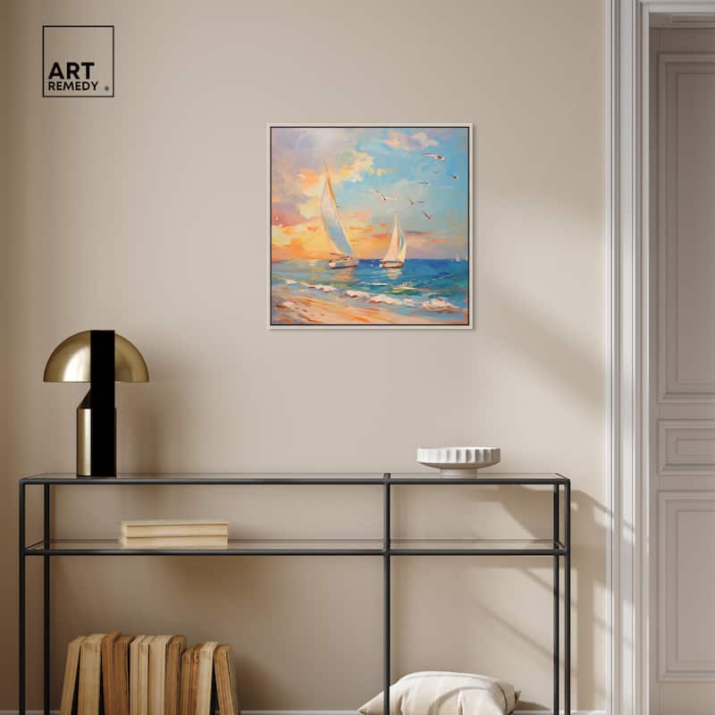 Art Remedy Sailboats In The Sunset Framed Sailing 1 Piece Canvas Wall Art