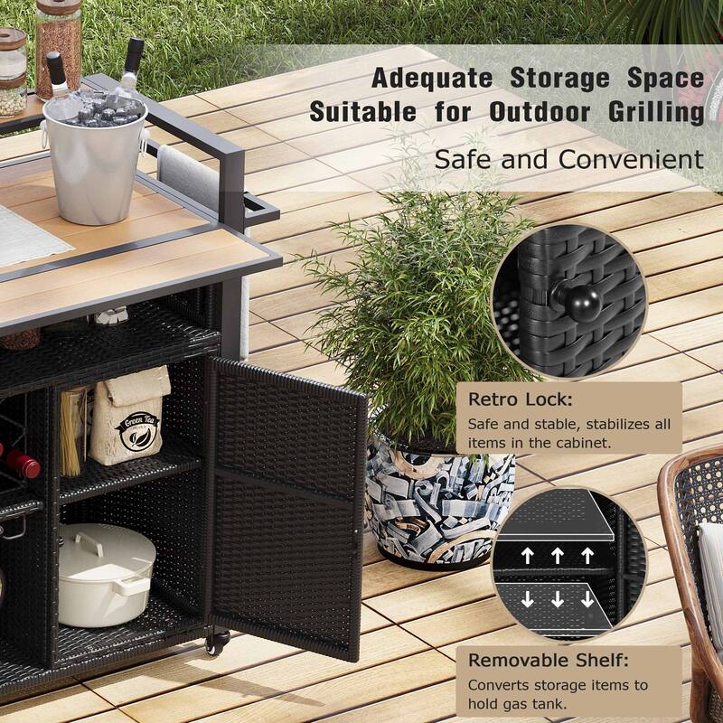 Wicker Outdoor Grill Cart with Drop Leaf Tabletop and Storage Cabinet