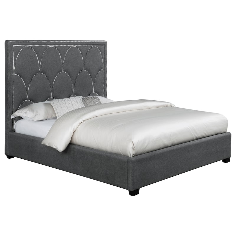 Bima Foam King Panel Bed, Nailheads on Scallop Headboard, Gray Upholstery