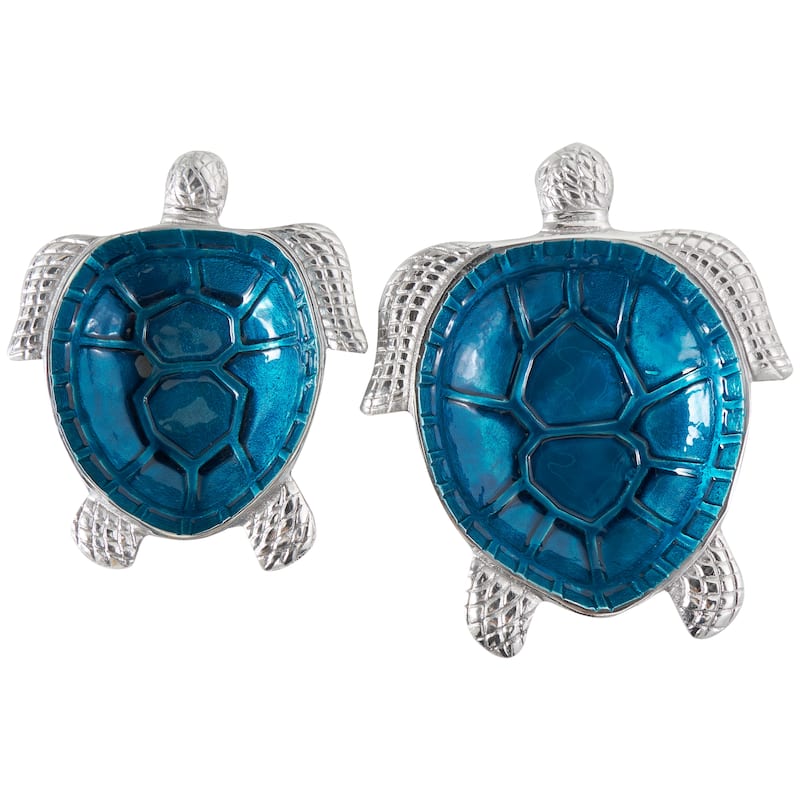 Aluminum Metal Enameled Turtle Decorative Bowl with Silver Metal Exterior (Set of 2)