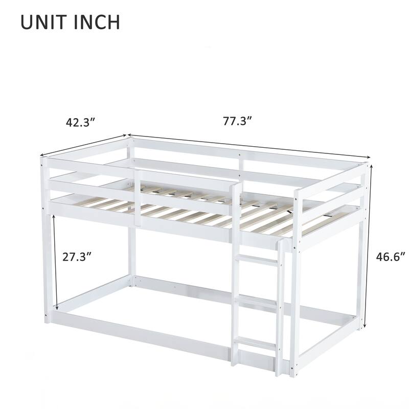 Wooden Twin over Twin Floor Bunk Bed with Ladder, with Bed Platform of Strengthened Slats