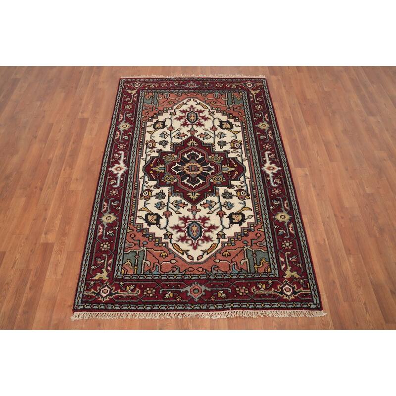 Hand Knotted Oriental 100% Wool Carpet Traditional Medallion Beige & Ivories Heriz (serapi) Area Rug - 6' 0'' X 4' 0''