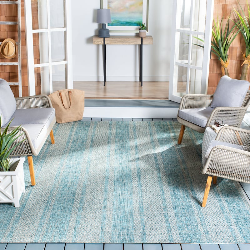 SAFAVIEH Courtyard Marei Stripe Indoor/ Outdoor Waterproof Patio Backyard Rug - 9' x 12' - Light Grey/Aqua