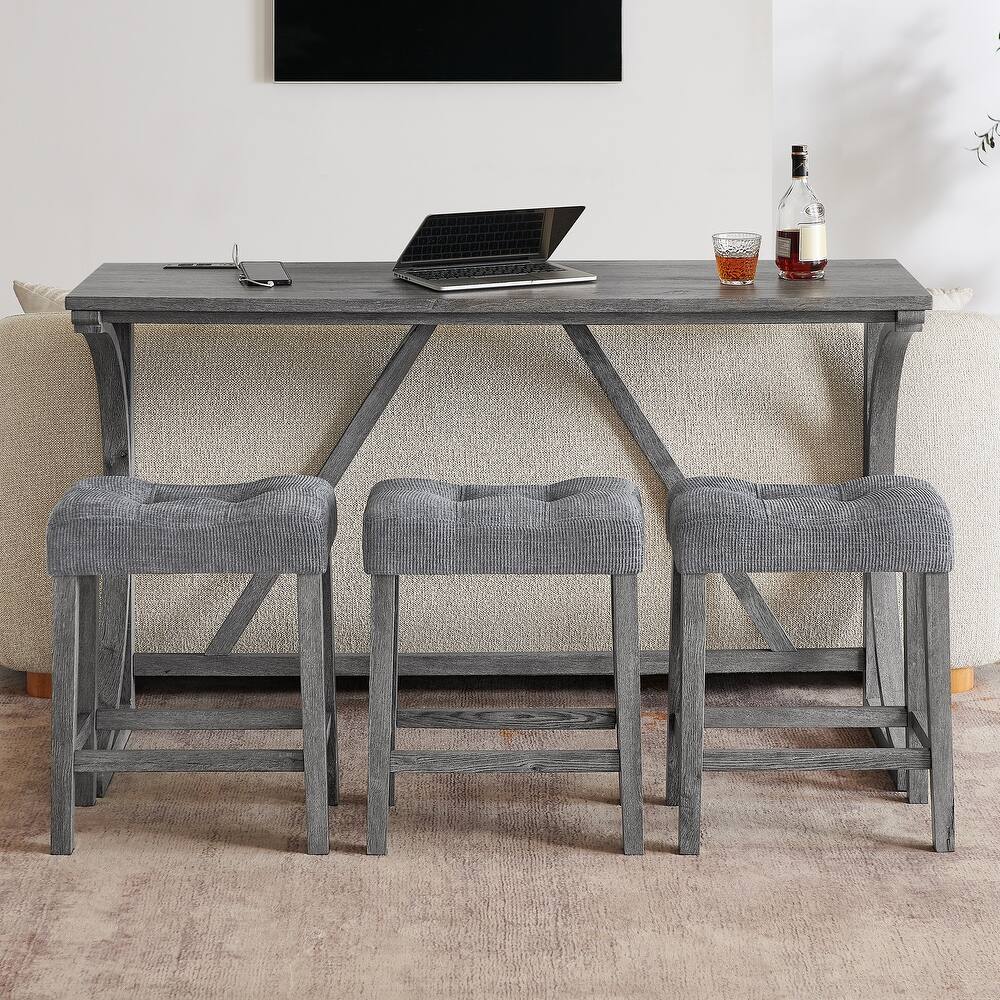 59" Bar Table Set with Power Outlet, Industrial Breakfast Table with 3 Stools, 4 Piece Counter Height Bar Table and Chair Set