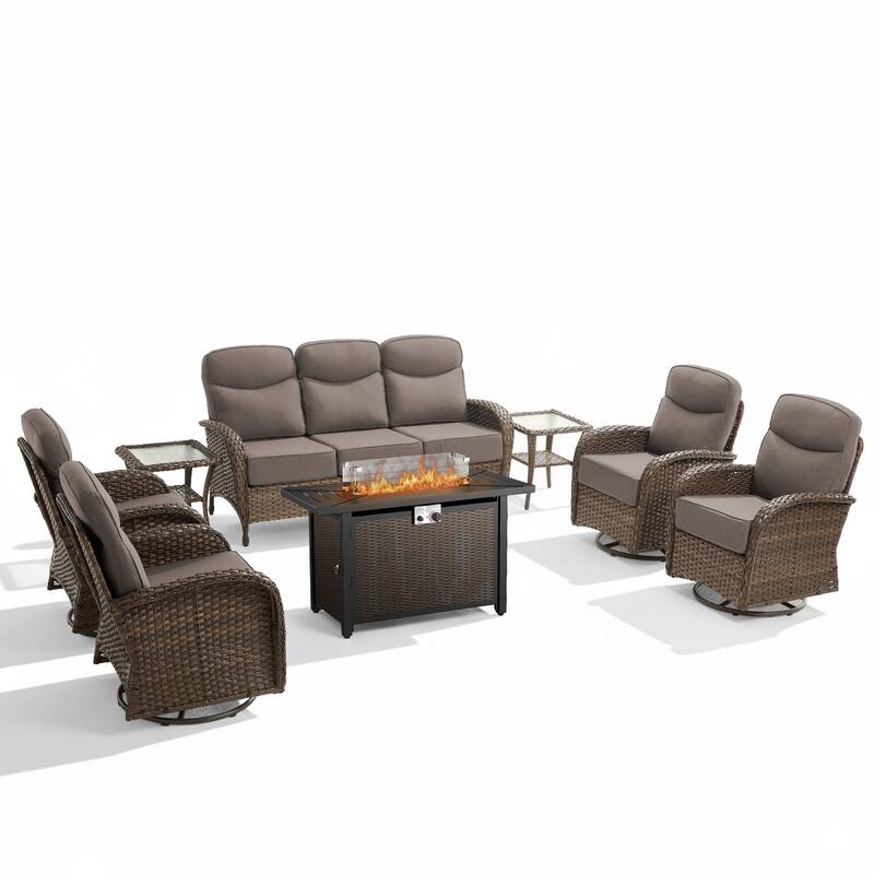 Luna 8-Piece Wicker Outdoor Patio Fire Pit Sofa Set with 6-Inch Thick Cushions