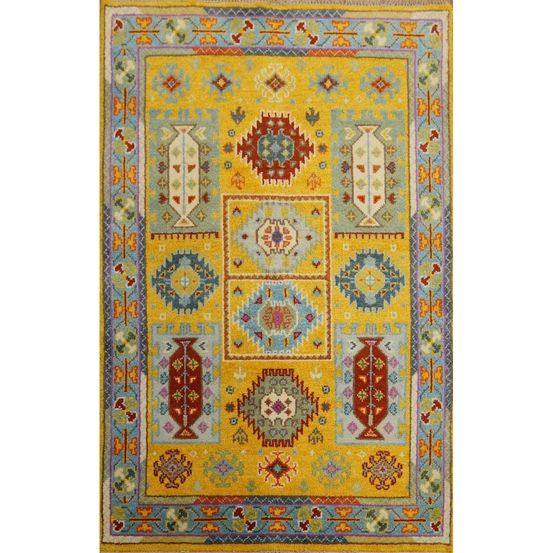 Hand-knotted Traditional Wool Yellow Geometric Oriental Area Rug - 5' 11'' X 4' 0''