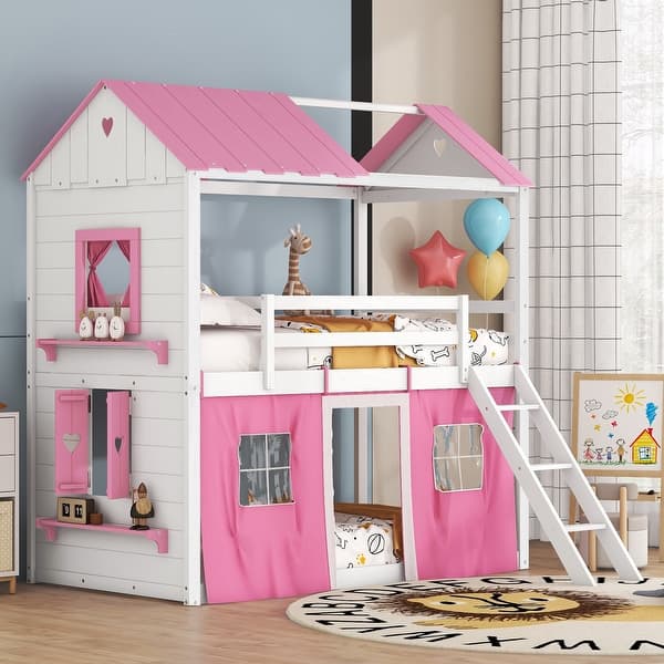 slide 2 of 13, Elegant Twin Size Bunk Wooden House Kids Bed with Windows, Sills and Tent,Playhouse Design Pink+White