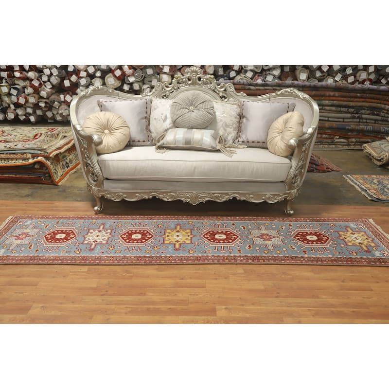 Hand-knotted Traditional Wool Blue Geometric Oriental Area Rug - 9' 8'' X 2' 6''