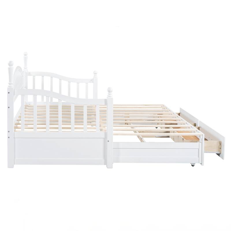 Wooden Twin Size Daybed with Twin Size Trundle, Extendable Daybed with Two Storage Drawers