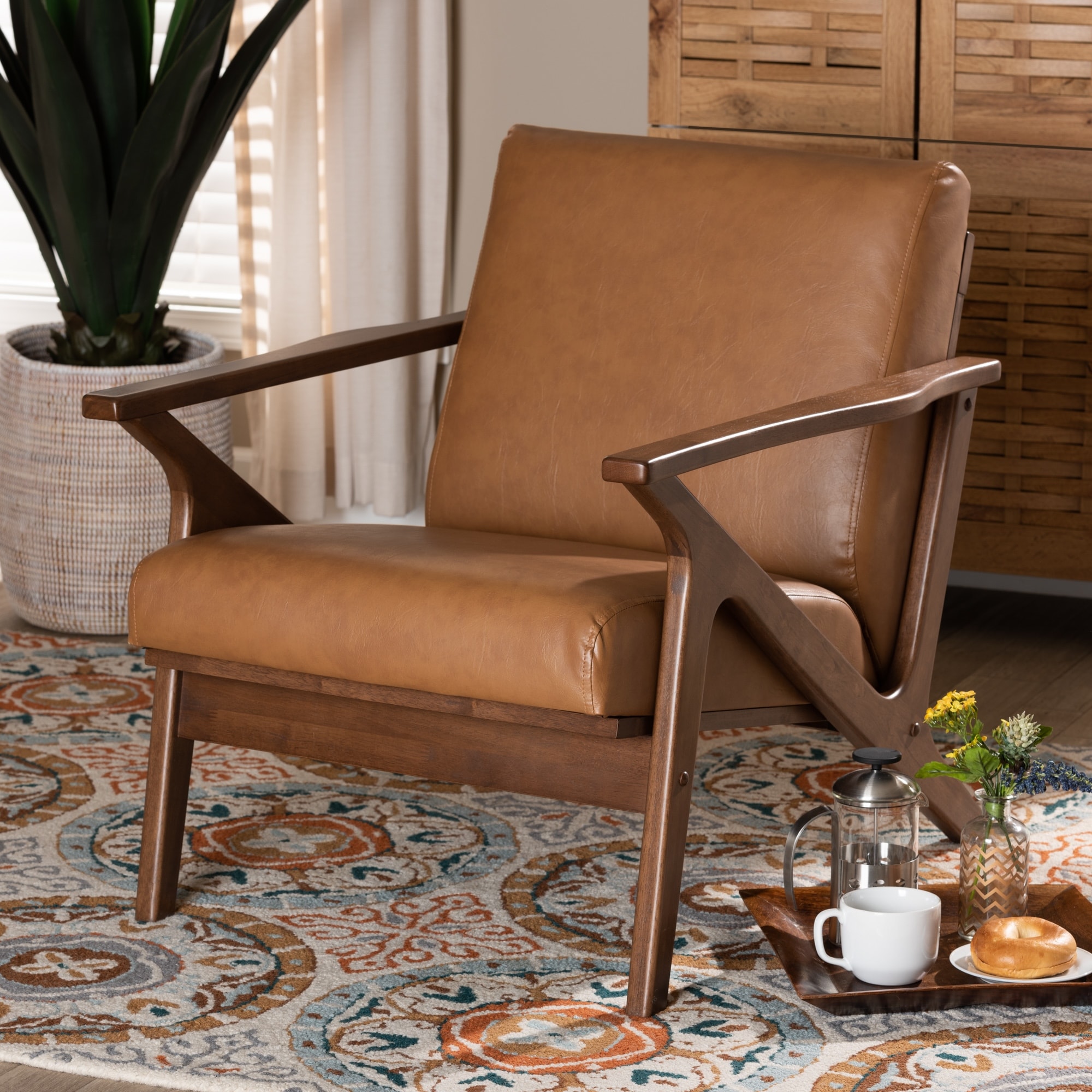 Bianca Mid-Century Modern Finished Wood Faux Leather Lounge Chair