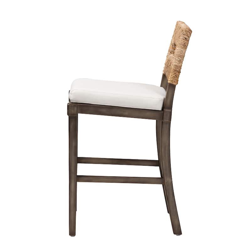 Porsha Modern Bohemian Dark Brown Finished Mahogany Wood and Natural Rattan Counter Stool