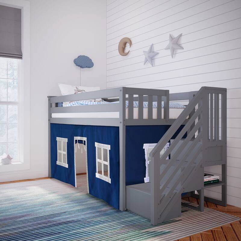 Max and Lily Twin Low Loft with Stairs and Curtains