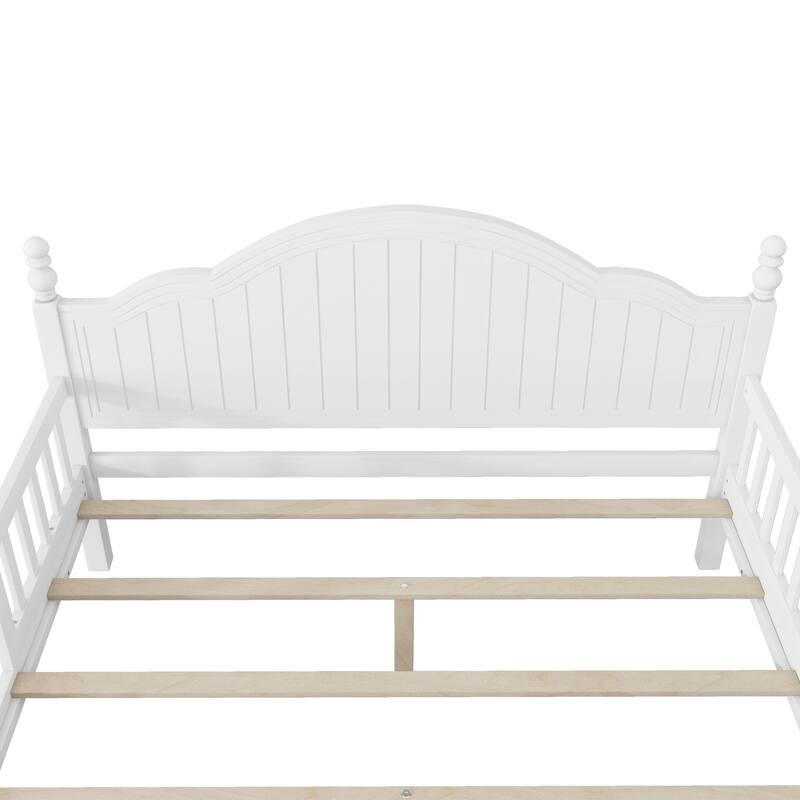 White Wood Full Platform Bed with Headboard and Footboard for Kids, Low Profile Design with Safety Guardrails