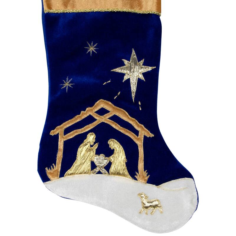 20.5" Blue and Gold Nativity Scene Christmas Stocking with Gold Cuff