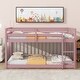 preview thumbnail 2 of 6, Pink Twin over Twin Size Wood Floor Bunk Bed with Ladder and Fence for Bedroom