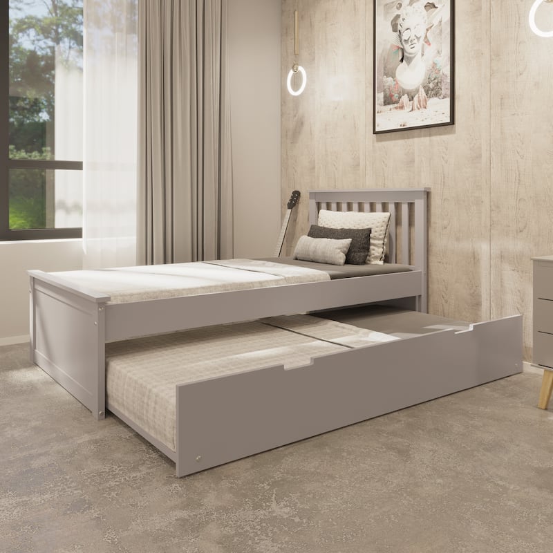 Twin Size Solid Wood Trundle Bed Frame with Pull-Out Toddler Bed and Heavy Duty Kids Bed