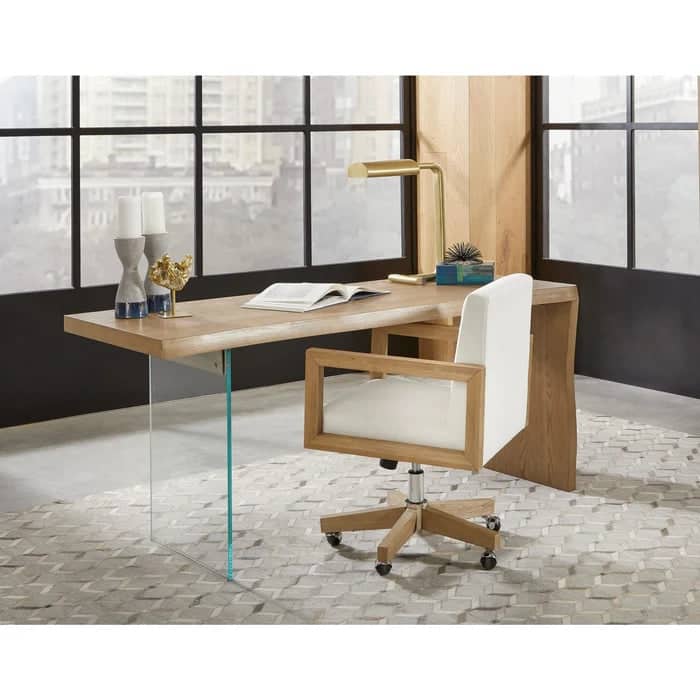 Seabourne Modern Coastal Writing Desk in White Oak and Glass with Chair