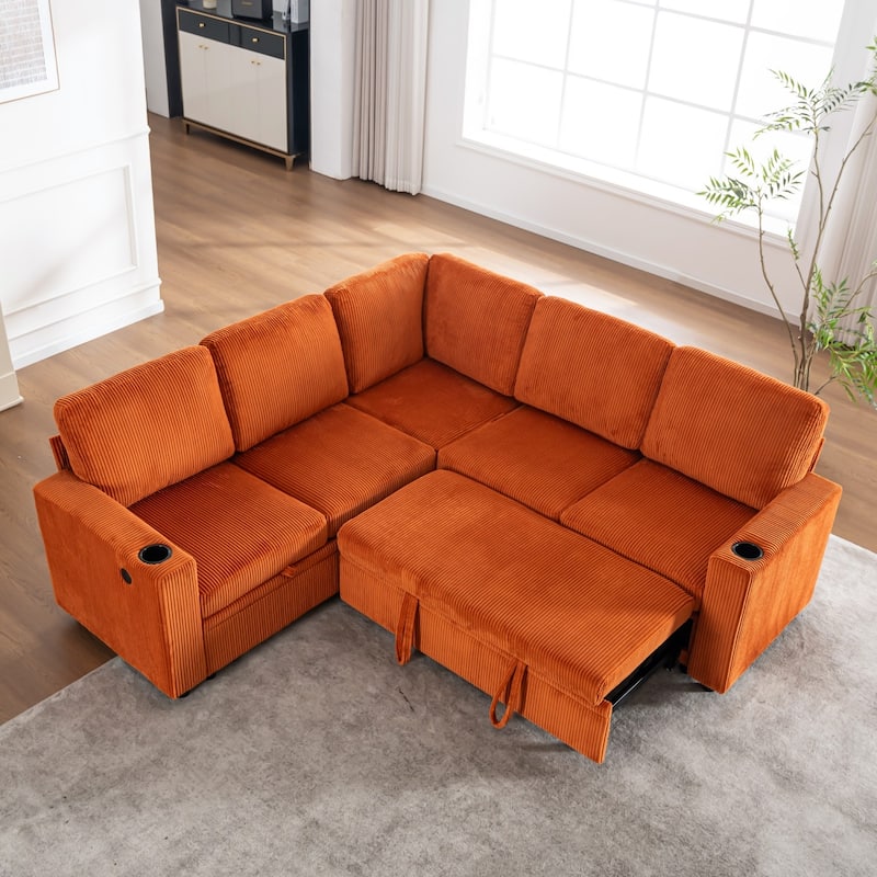 83.66" L-Shaped Sectional Sofa with Storage and Pull Out Bed - Orange
