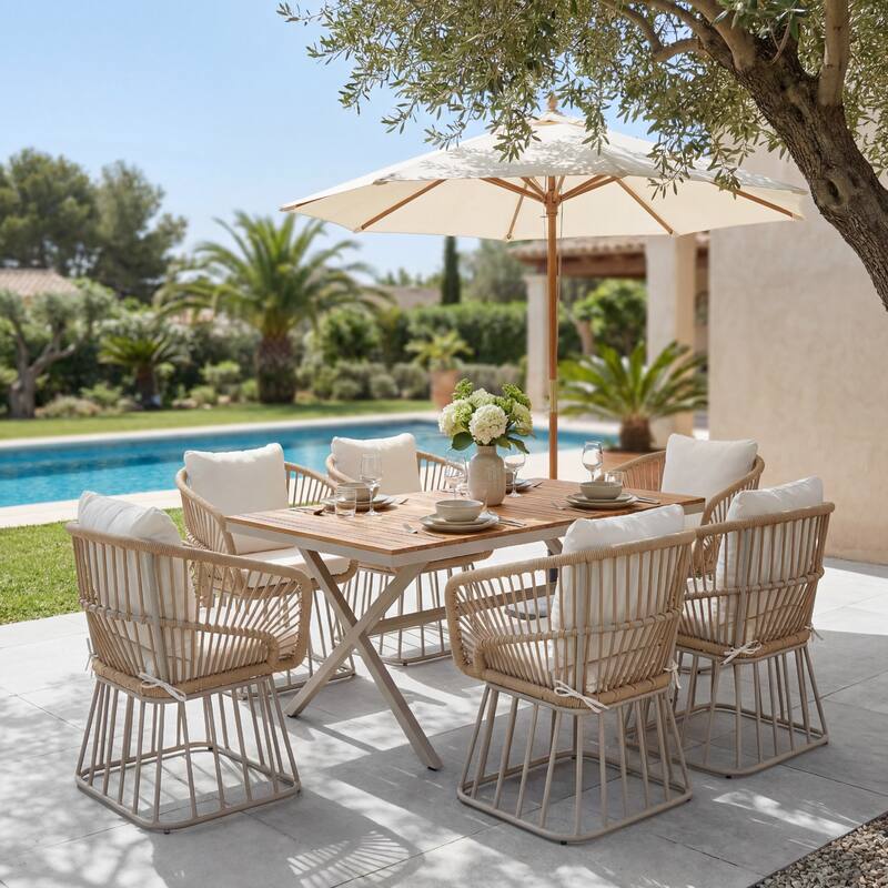 Christopher Knight Home - Outdoor Acacia Wood and Steel Dining Set with Wicker Weave Chairs & 55.12" Rectangular Dining Table - 7-Piece-Teak finish+Beige