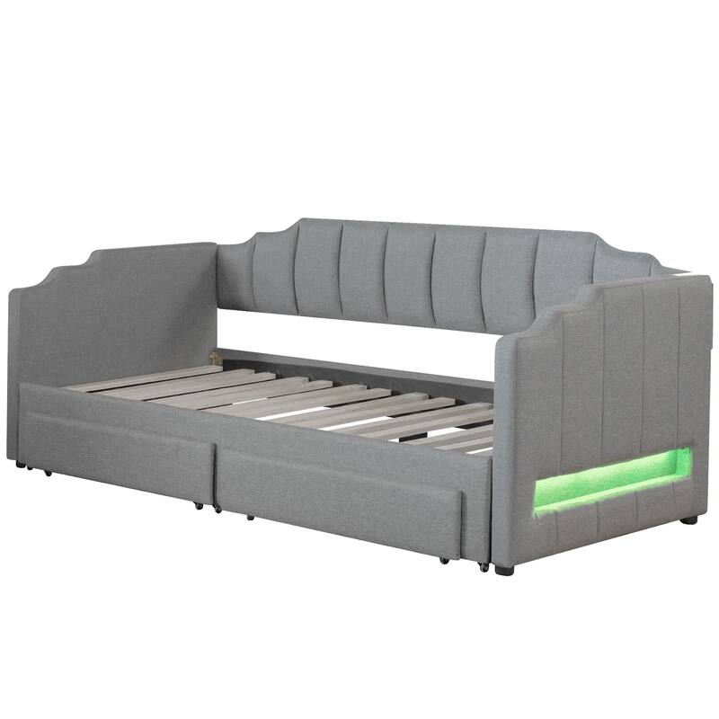 Extendable Twin XL to King Upholstered Daybed with Storage Drawers and LED Light, Gray