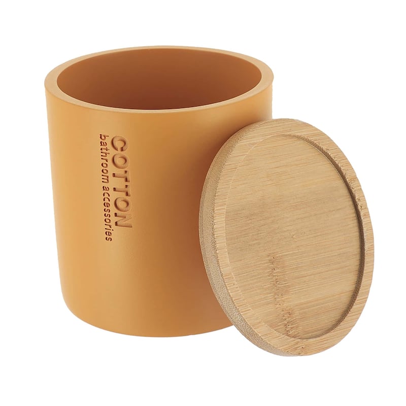Sleek Cotton Pad Holder - Polyresin Bathroom Storage Container with Bamboo Lid - 4 L x 4 W x 4.6H