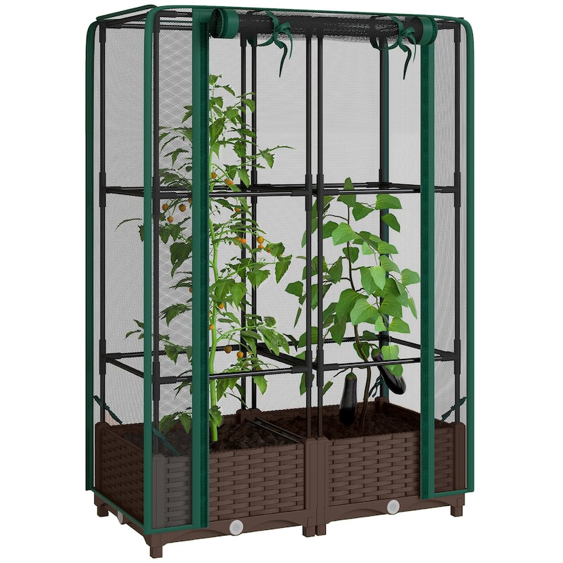 Outsunny Raised Garden Bed with Trellis,Tomato Cage with Crop Cage, Self Watering Planter Box with Drainage Holes and Plugs