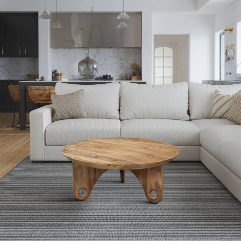 36 Inch Round Coffee Table, Handcrafted Grooved Edge Top, Natural Brown Mango Wood