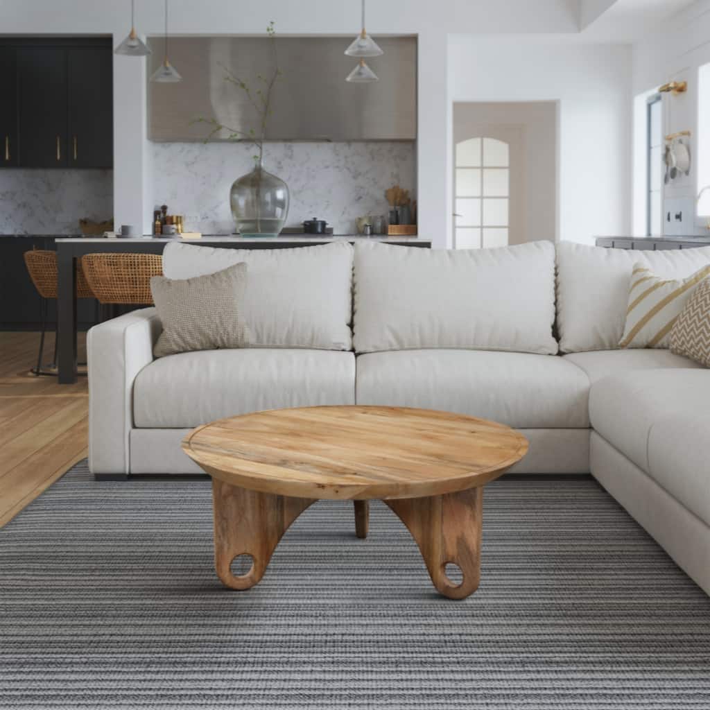 36 Inch Round Coffee Table, Handcrafted Grooved Edge Top, Natural Brown Mango Wood