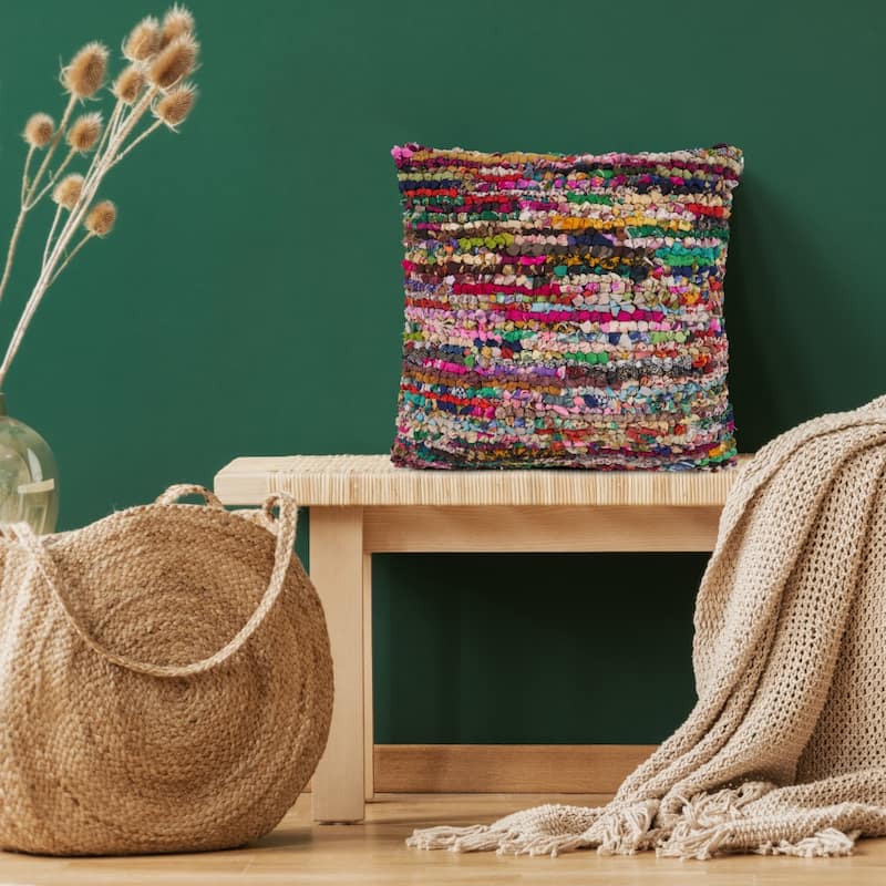HomeRoots 26" X 26" Red Green Blue Yellow Orange And Pink Natural Striped Zippered Pillow