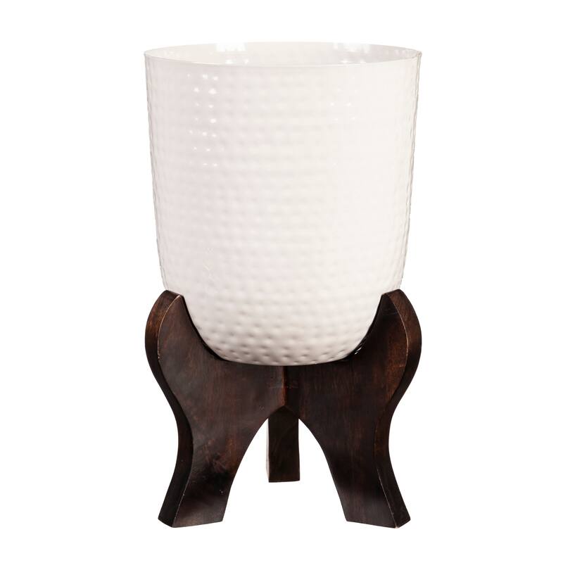 White Metal Planter with Wooden Legs (Set of 2)