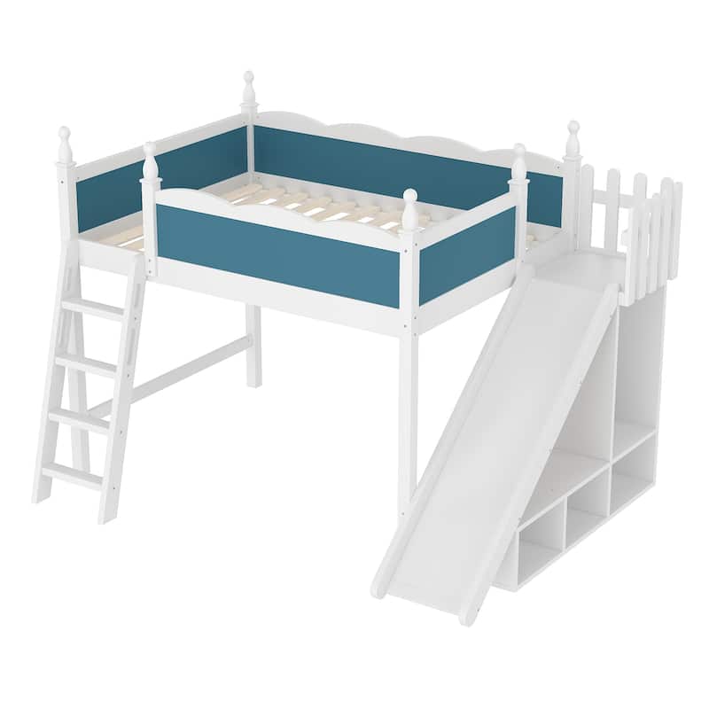 Full Loft Bed with Storage Shelves and Wardrobe, Solid Wood Loft Beds with Detachable Slide and Ladders, No Spring Box Needed