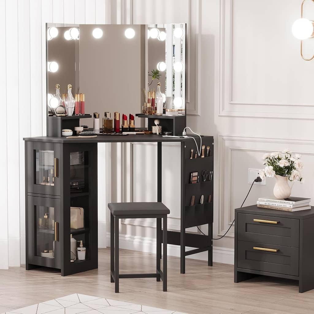 Corner Vanity Desk and Stool, Makeup Dressing Table Set with Light Bulbs Mirror