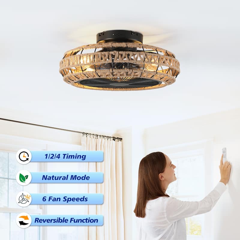 20" Caged Ceiling Fans Flush Mount,Low Profile Fabric Farmhouse Ceiling Fan with Remote Control - N/A