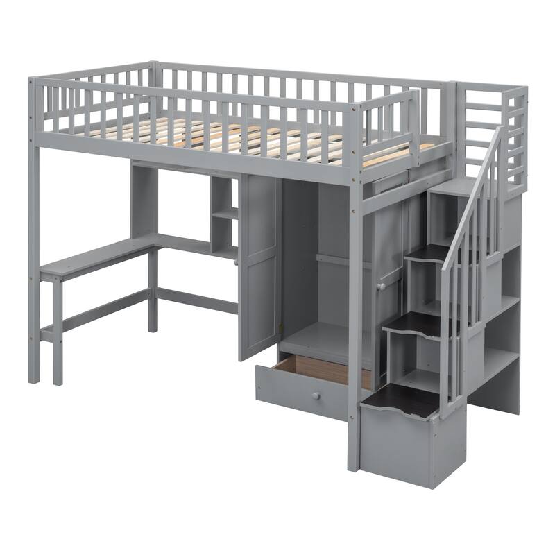Gray Twin Size Loft Bed with Storage Stairs, Desk and Wardrobe, Stairway High LoftBed with Bookshelf & Drawers, Wooden Bedframe